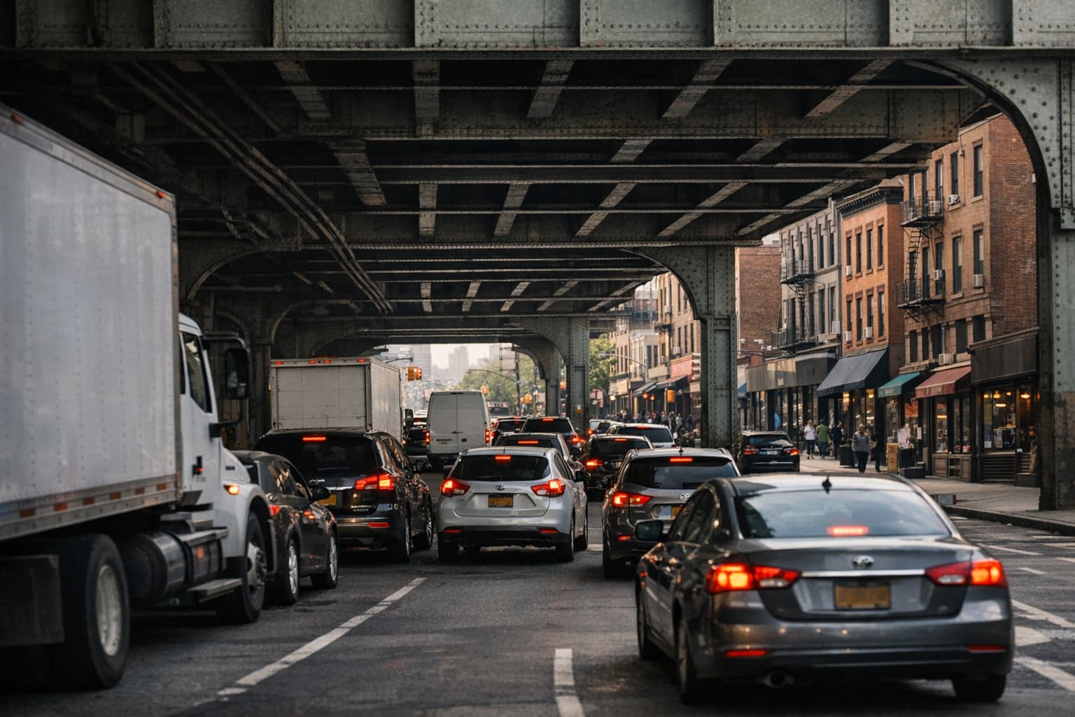 Dense bumper-to-bumper traffic on a New York City expressway (BQE)